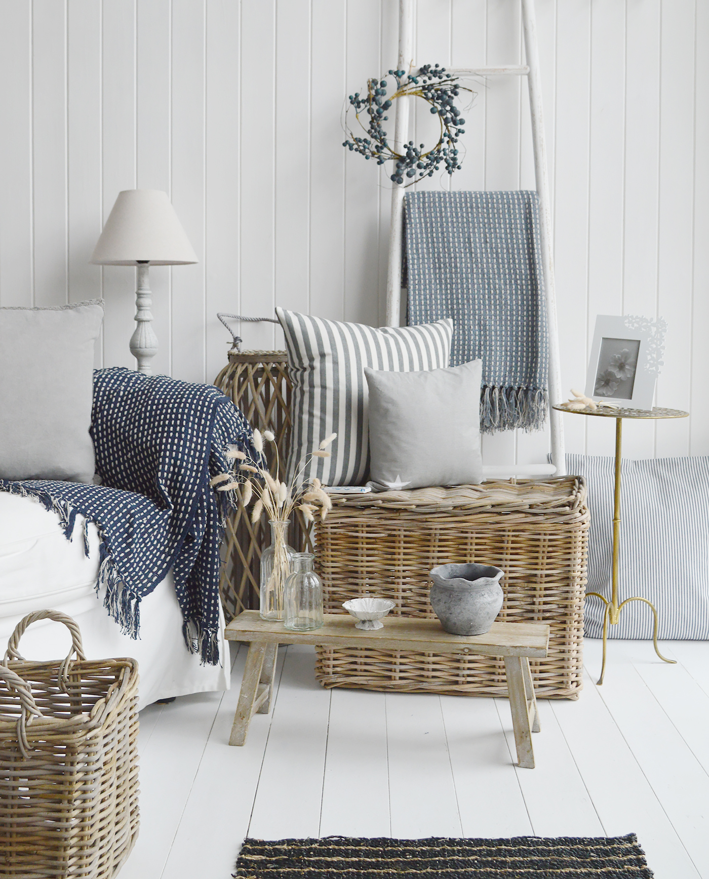 Layers and textures are essential in decoarating a coastal beach house . Relaxed living interiors