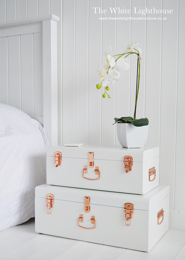 Nantucket white trunks from The White Lighthouse bedroom Furniture