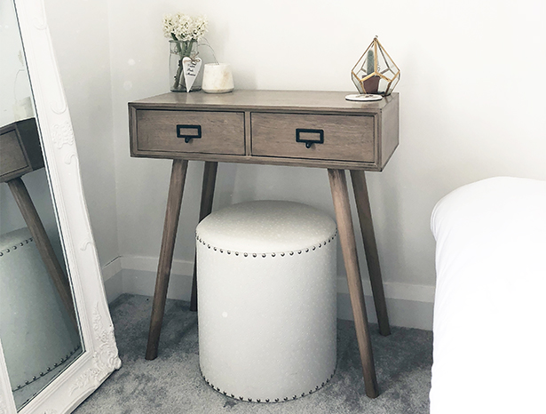 The Henley dressing table and white stool in a simply styled scandi bedroom interior