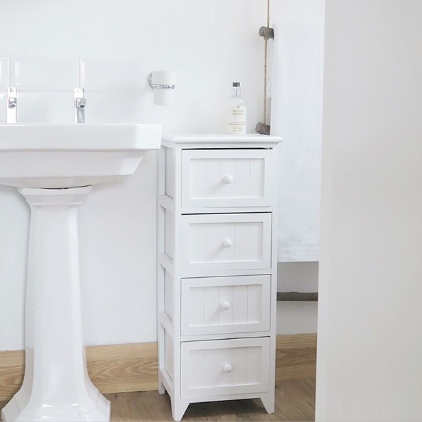 The Maine white storage furniture used for a bathroom cabinet in an en-suite
