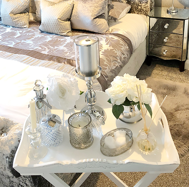 The White Butler Tray in a bedroom decorated with gorgeous dressing table accessories.