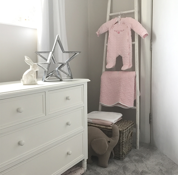 White furniture in grey, white and pink baby girls nursery decor