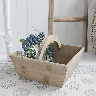 Pawtucket wooden box basket from The White Lighthouse Furniture. New England, country, coastal, city and white home interiors. Hallway, Bedroom , Bathroom and living room.