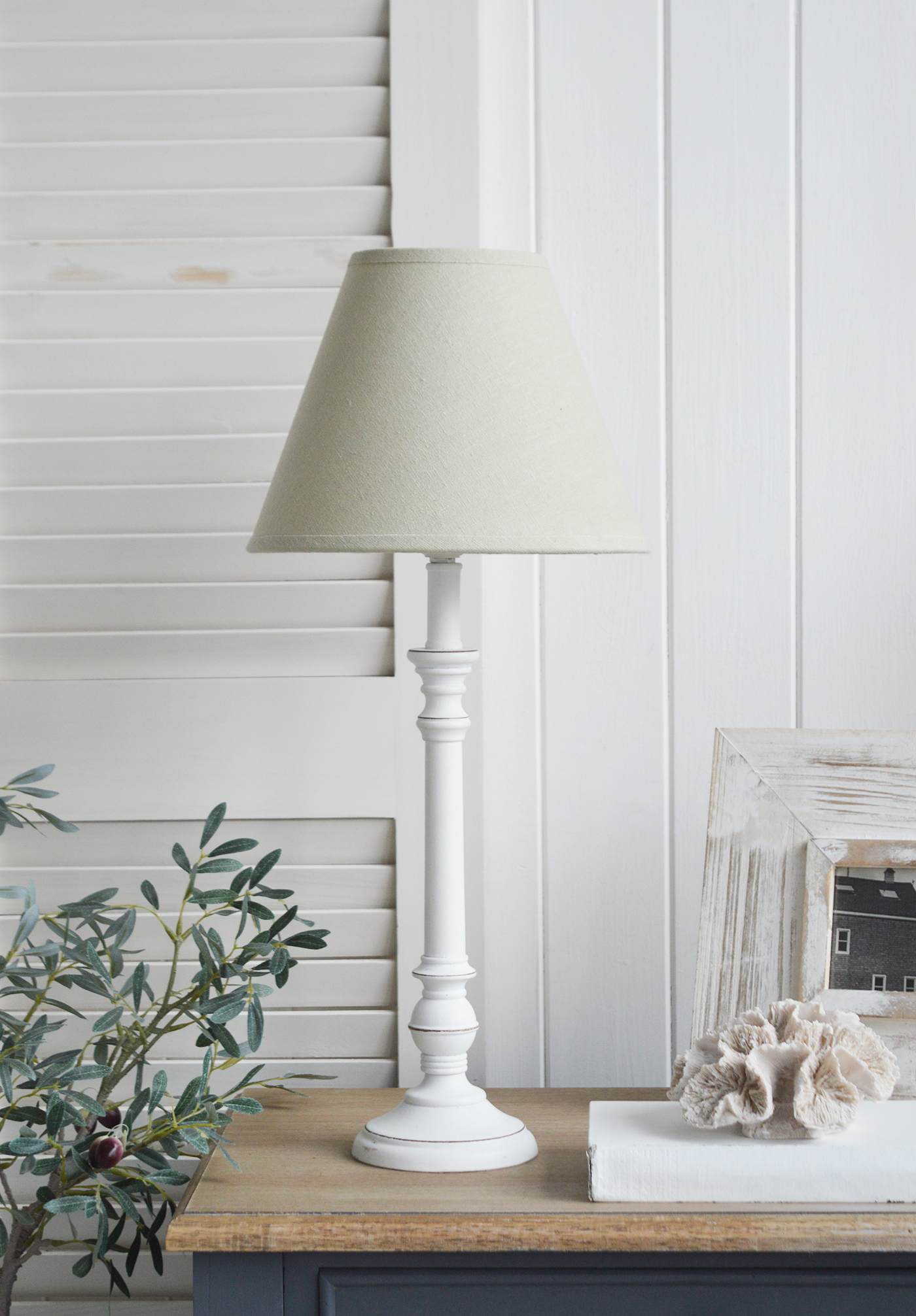White wooden table lamps.  White Haven table lamp for New England and coastal lamps from The White Lighthous