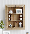 Pawtucket display wooden wall shelf in greyed wood for the living room, bathroom, hallway or bedroom. Perfectly complements coastal, country and white furniture in New England Interiors and homes from The White Lighthouse