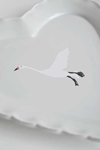 Grey trinket heart plate with white flying goose perfect for dressing table accessory
