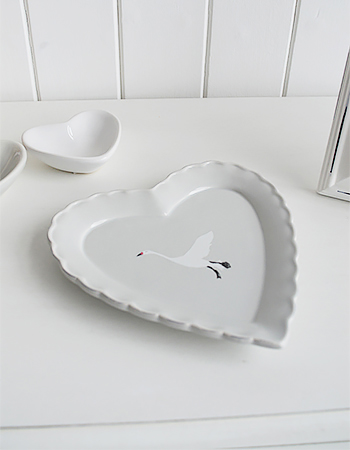 Grey trinket heart plate with white flying goose great little home decor accessory for white and grey homes