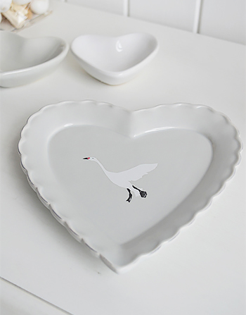 Grey trinket heart plate with white flying goose