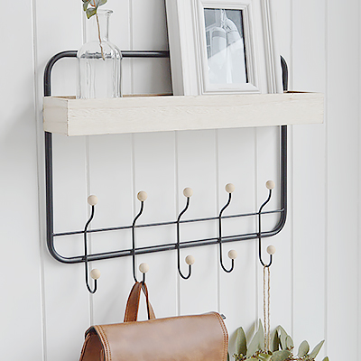 Harrisville Wall Shelf with hooks. New England coasal and country furniture for homes and interiors from The White Lighthouse Furniture