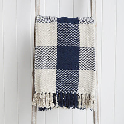 Stowe throws in blues, greys and natural coloures  for interiors in New England styles modern farmhouse, country, coastal and city homes from The White Lighthouse. Furniture and home interiors UK - navy squares Throw