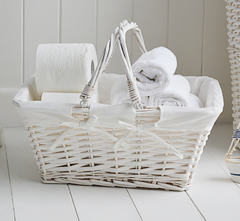 White lined basket with handles for storage