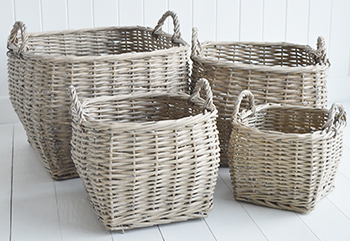 Grey wicker storage baskets