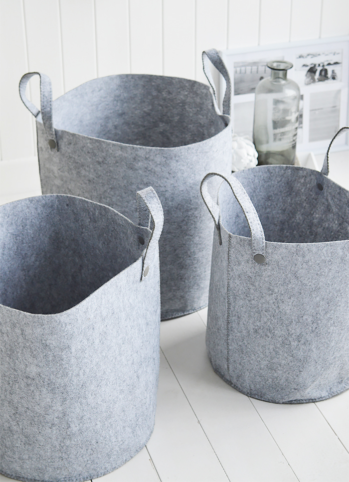 Kittery set of 3 grey fabric baskets with handles for home interiors