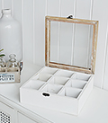 Antique white wood storage box with 9 small sqaure compartments