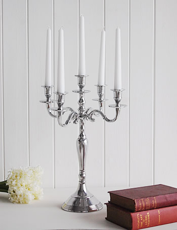 Silver coloured 5 arm candelabra, wedding table decoaration
