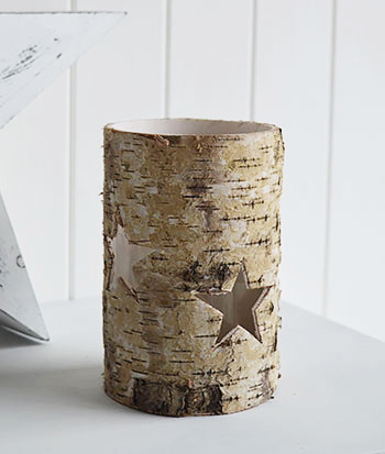 Silver Birch log effect candle holder with cut out stars