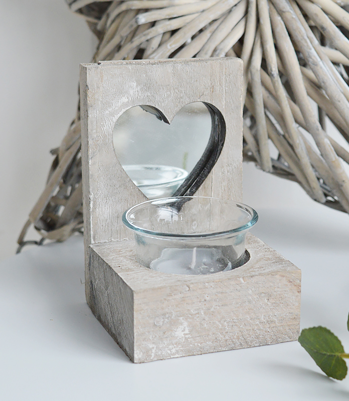 Nantucket grey Wooden candle holder with heart for coastal New England furniture from The White Lighthouse