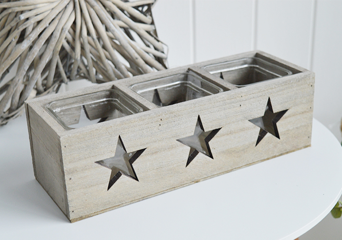 Nantucket grey Wooden triple candle holder with stars for coastal New England furniture from The White Lighthouse from The White Lighthouse