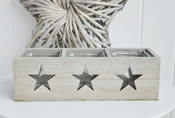 Nantucket grey Wooden triple candle holder with stars for coastal New England furniture from The White Lighthouse