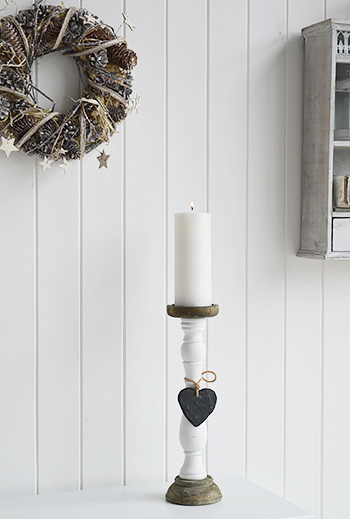 White pillar candle holder with heart