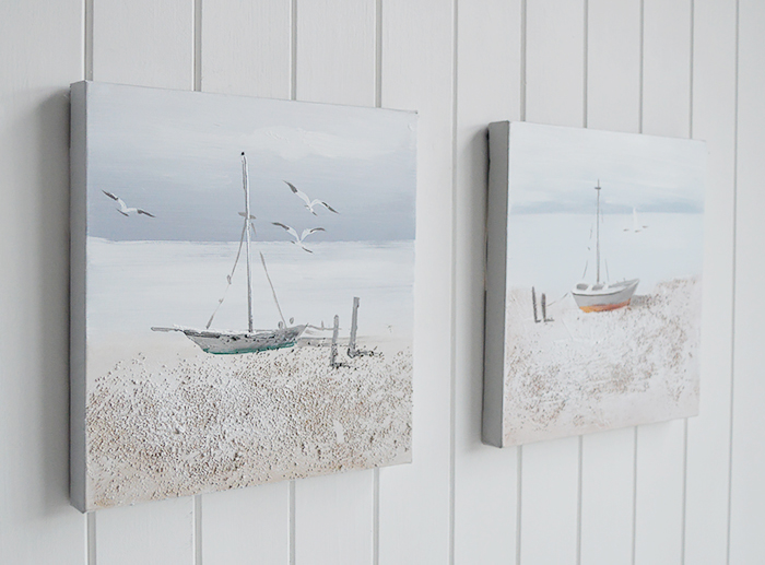 Set of 2 hand painted oil canvases of coastal  boat scene