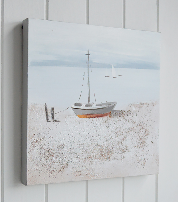 Set of 2 hand painted oil canvases of beach  boat scene