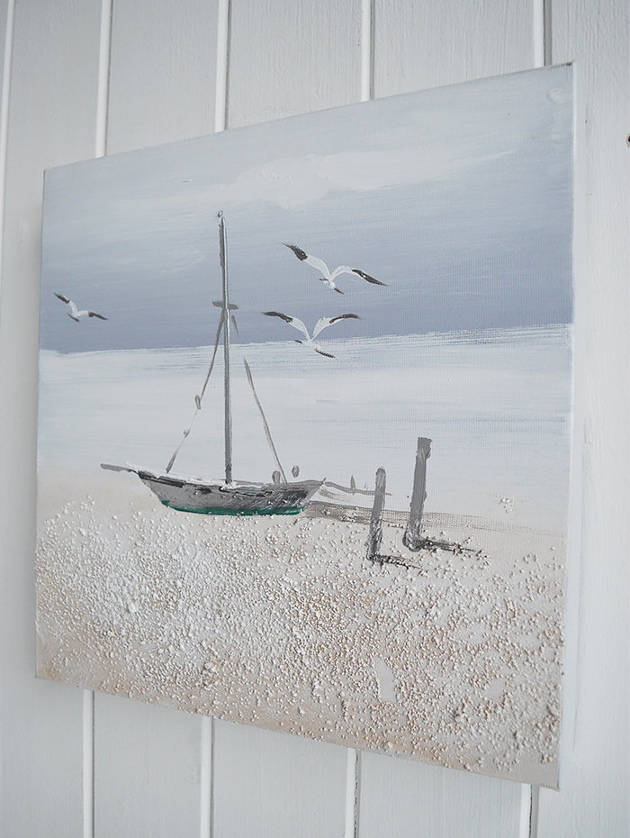 Set of 2 hand painted iol canvases of nautical beach  boat scene