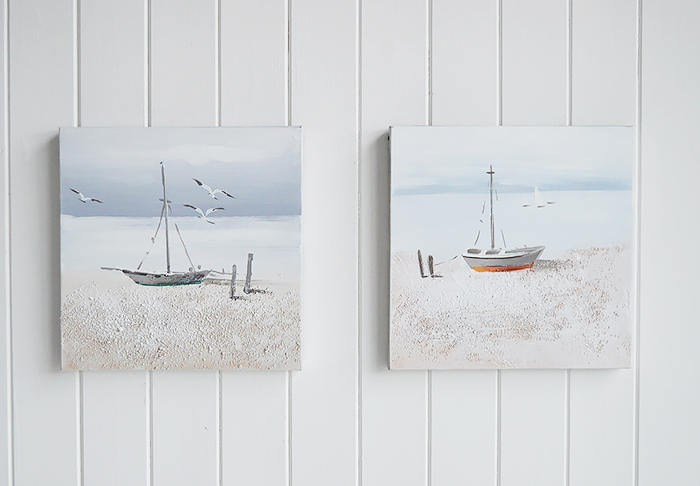 Set of 2 hand painted oil canvases of nautical boat scene