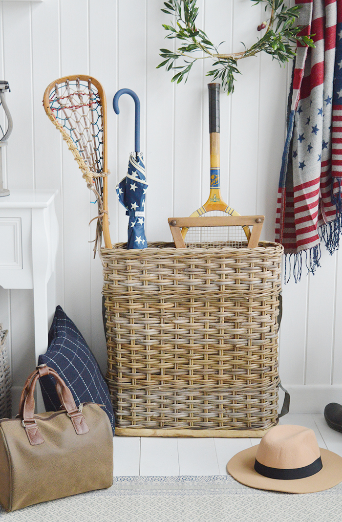 A large narrow grey willow umbrella basket from The White Lighthouse Hallway furniture for white, New England, country, coastal and country homes and interior design