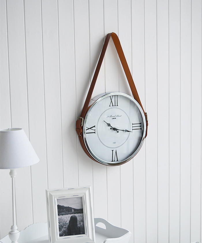 Kensington Silver Wall Clock with faux leather belt for luxury homes interiors