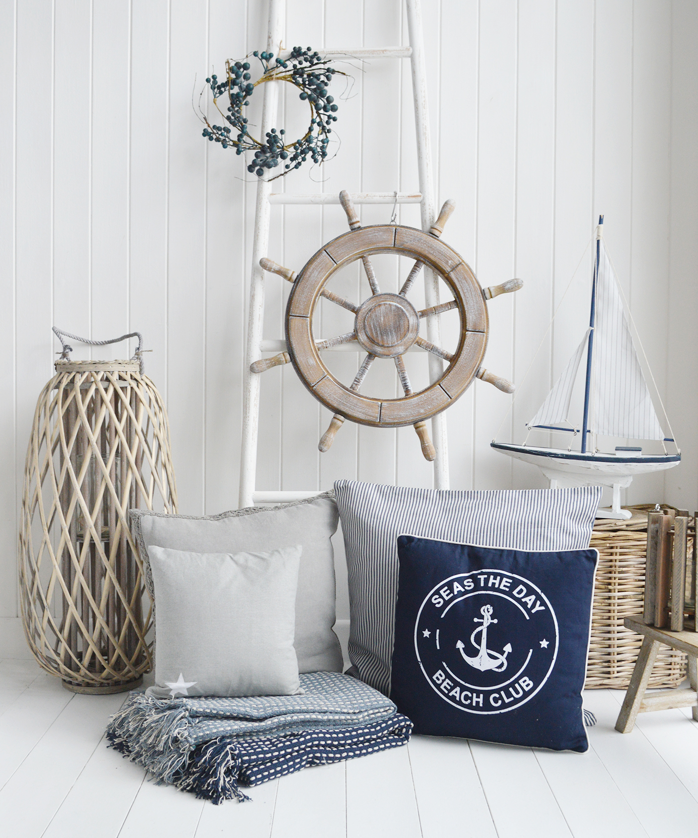 Coastal, nautical and beach house style accessories for home interiors. New England furniture and home decor