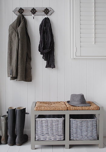 Grey hall furniture with the grey storage bench and Regency grey coat hooks