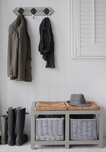 Grey hallway furniture with the grey storage bench and Regency grey coat rack