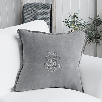 New England Style Country, Coastal and White Furniture and accessories for the home. Richmond 100% stonewashed Linen Feather Filled Cushion. Grey Monogram linen cushions