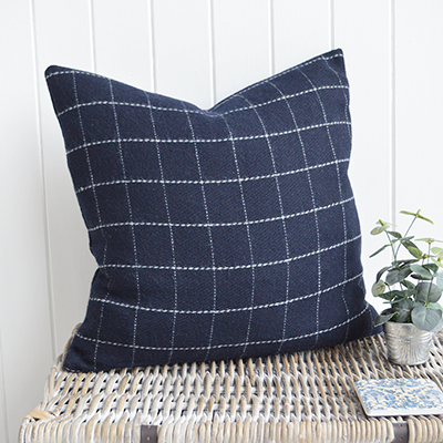 Our stunning Hampshire wool cushions in navy and ivory checks and stripes.