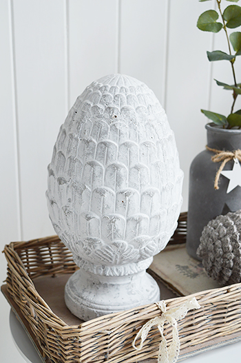 Grey standing fir cone from The White Lighthouse country, coastal and New England furniture with other home decor pieces