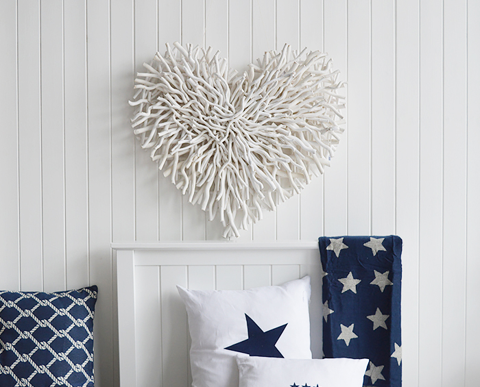 White Chunky Twig Heart on bedroom wall from The White Lighthouse Coastal, Country, New England Furniture and Home Decor Interiors