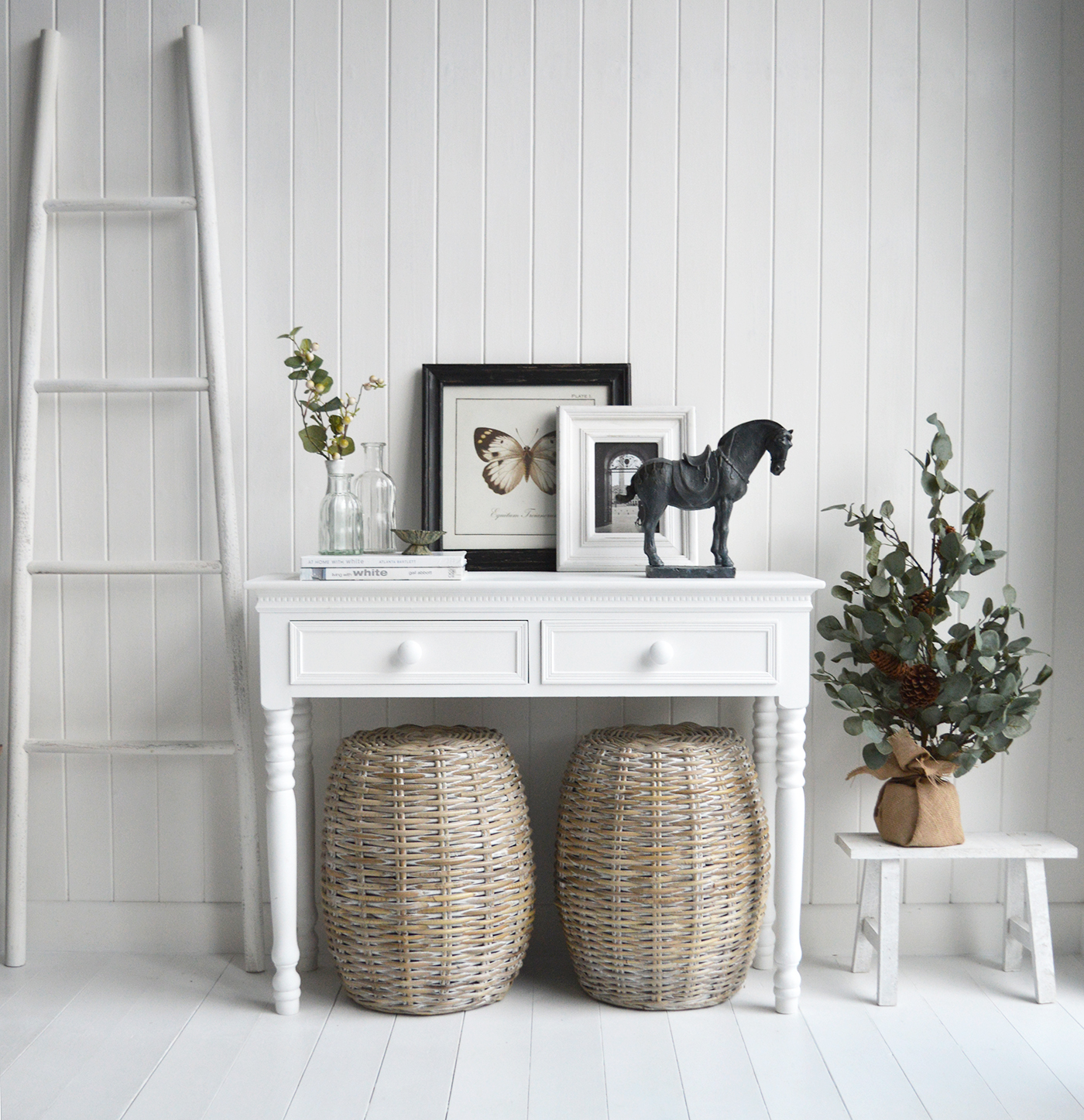 Oxford white wash willow stool for New England Style hallways, homes and living rooms for coastal, country and city home interiors from The White Lighthouse Furniture