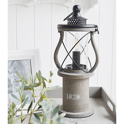 The Lewiston is a charming Victorian grey wooden lantern table lamp.

Perfect vintage styling for a New England styled home in the living room, hallway or bedroom.