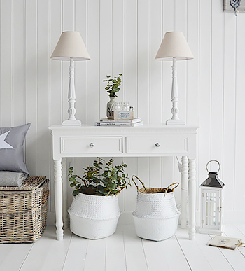 New England styled hall table with symmetrical lamps for striking look. The White Lighthouse Country, Scandi, White, Coastal and New England Furniture, Home Interiors and Lifestyle