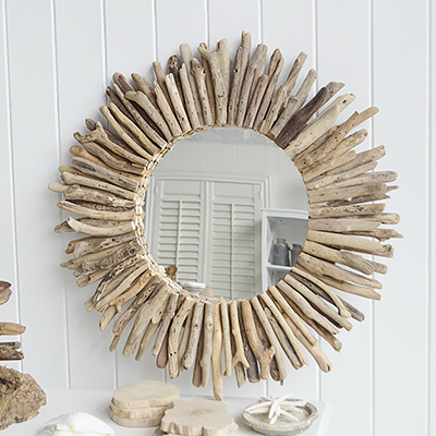 Driftwood mirror. New England Coastal and Beach House Style Home Decor and home decor accessories for the home interiors