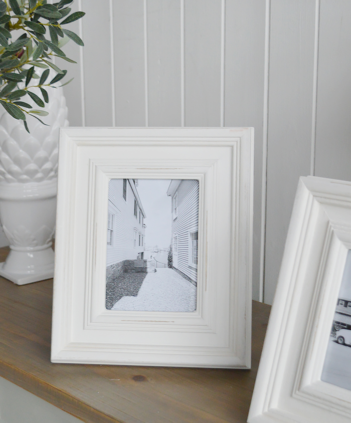 A chunky white Beach House wooden photo frame for 5 x 7 and 6 x 4 photographs - portrait or landscape. White Furniture and home decor accessories for the New England styled home fro all country, coastal and city houses.