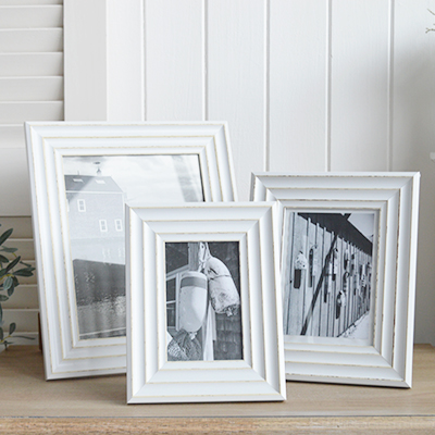 Colebrook white distressed photoframes 5 x 7 photographs - portrait or landscape. White Furniture and home decor accessories for the New England styled home for all country, coastal and city houses