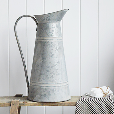 Tall zinc Jug Pitcher Vasefrom The White Lighthouse coastal, New England and country furniture and home decor accessories UK