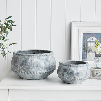 Grey Stone Bowls planters for coffee table shelf styling New England Country, coastal and Modern Farmhouse Furniture and Interiors