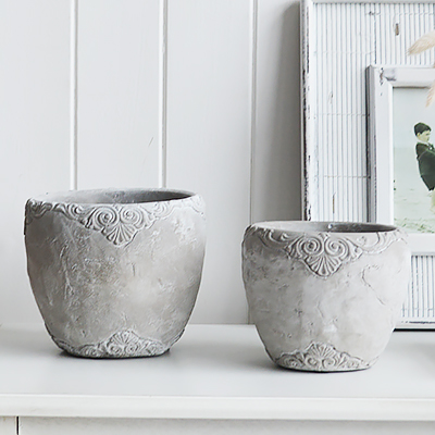 Peacham Grey Stone pots from The White Lighthouse coastal, New England and country furniture and home decor accessories UK