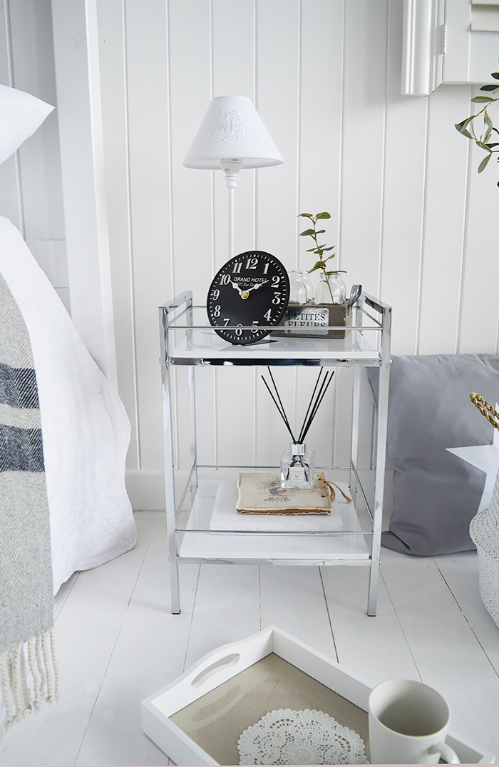 Hastings white and silver bedside table with 2 shelves