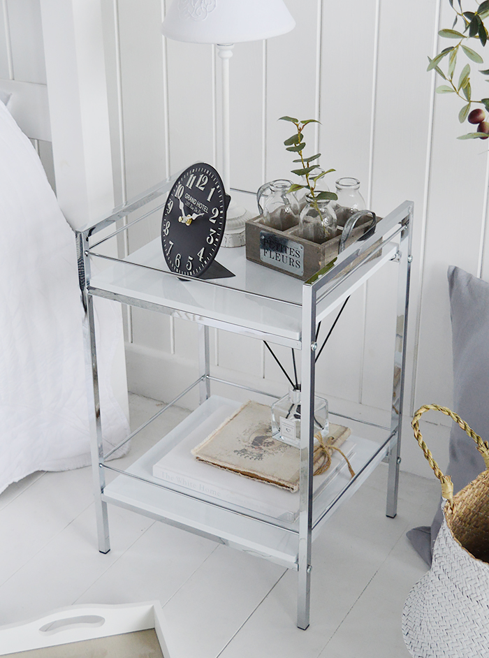 Hasting white silver Chrome Shelf unit freestanding bedside table two shelves