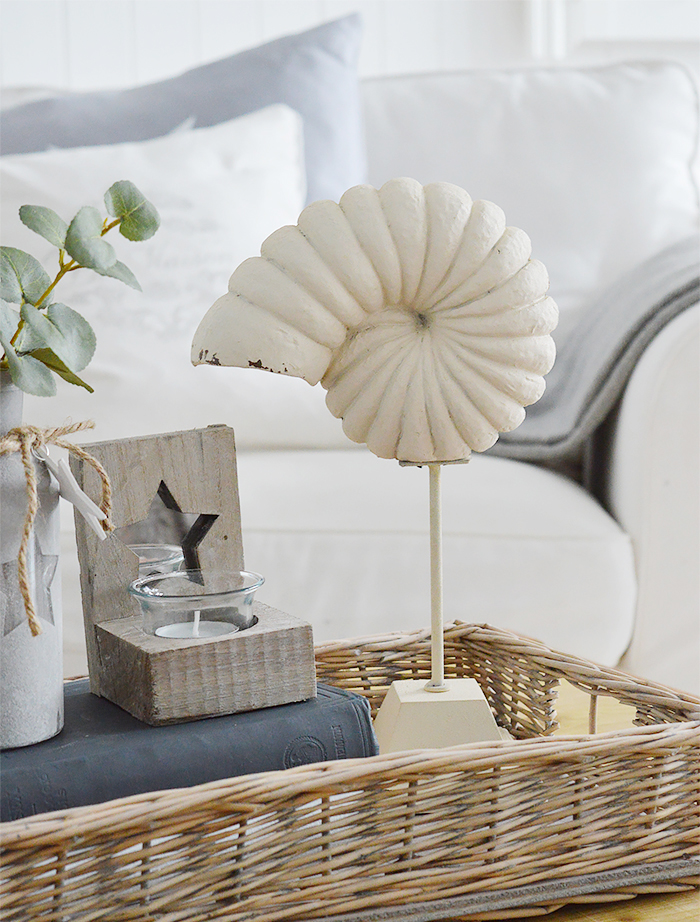 Decorative Shell on stand for coffee table decor in a coastal living room from The White Lighthouse Furniture