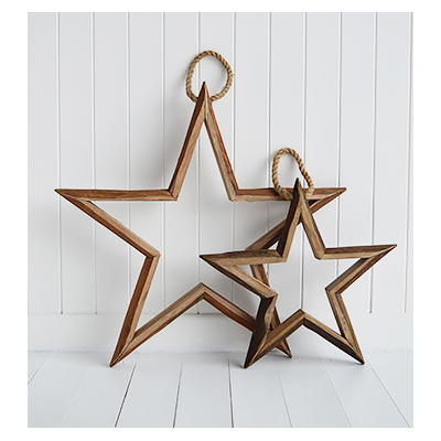 Set of 2 large wooden hanging stars for New England interiors in country coastal and modern farmhouse homes